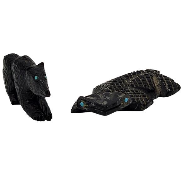 Unbranded Other - Native American Zuni Hand Carved Bear Alligator Fetishes Black Stone Turquoise